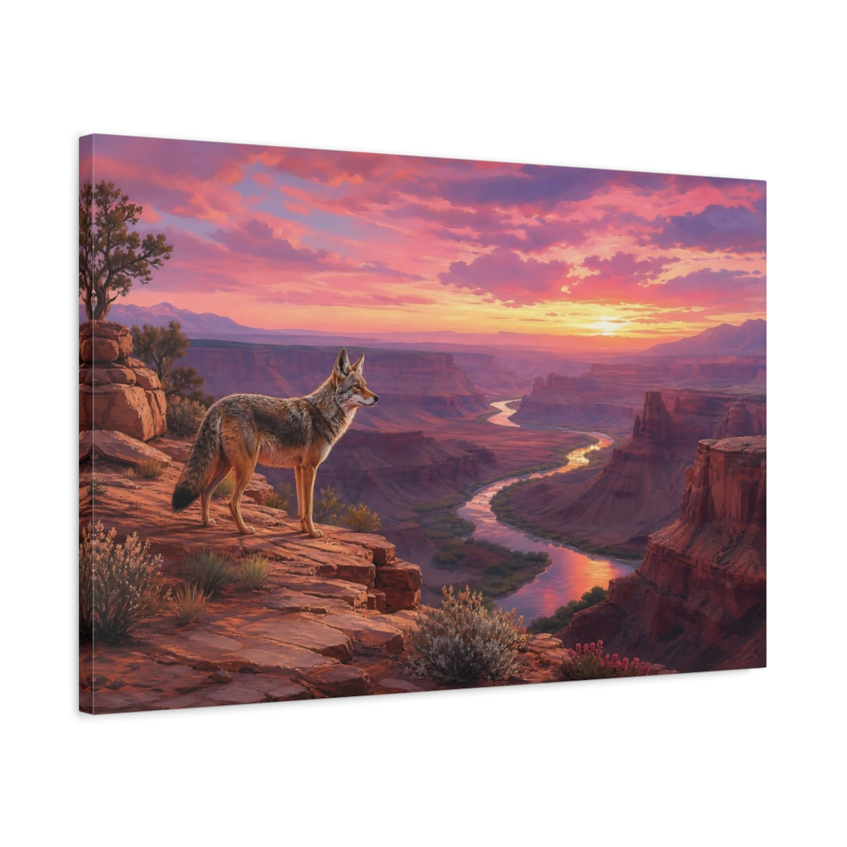 Side Mockup 2. Nature Coyote Pink Sunset Canyon shown as stretched canvas wall art