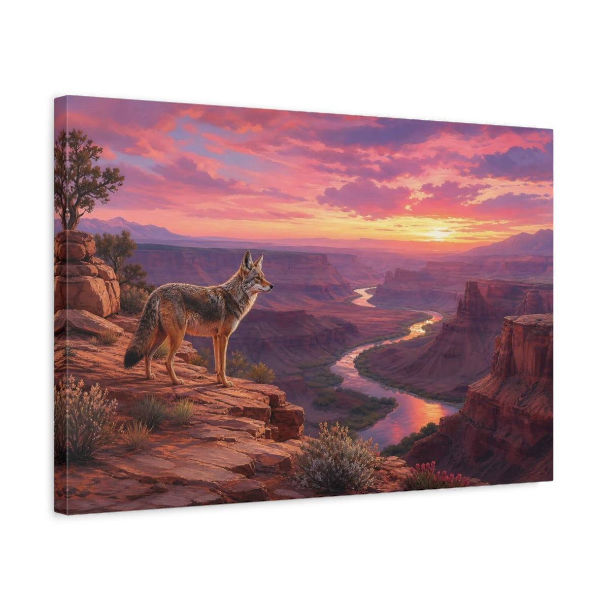 Side Mockup 3. Nature Coyote Pink Sunset Canyon shown as stretched canvas wall art