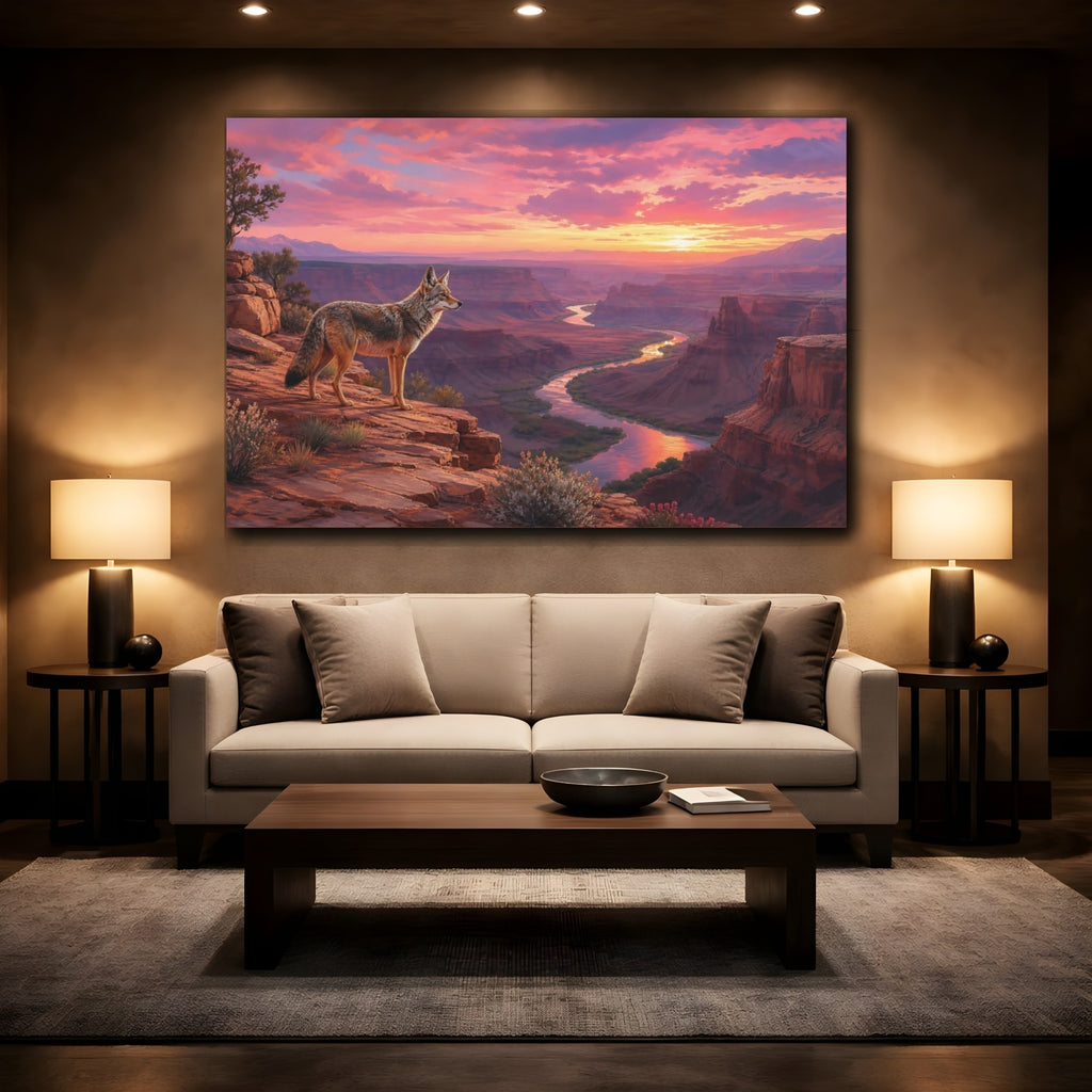 Mockup 2. Nature Coyote Pink Sunset Canyon shown as stretched canvas wall art