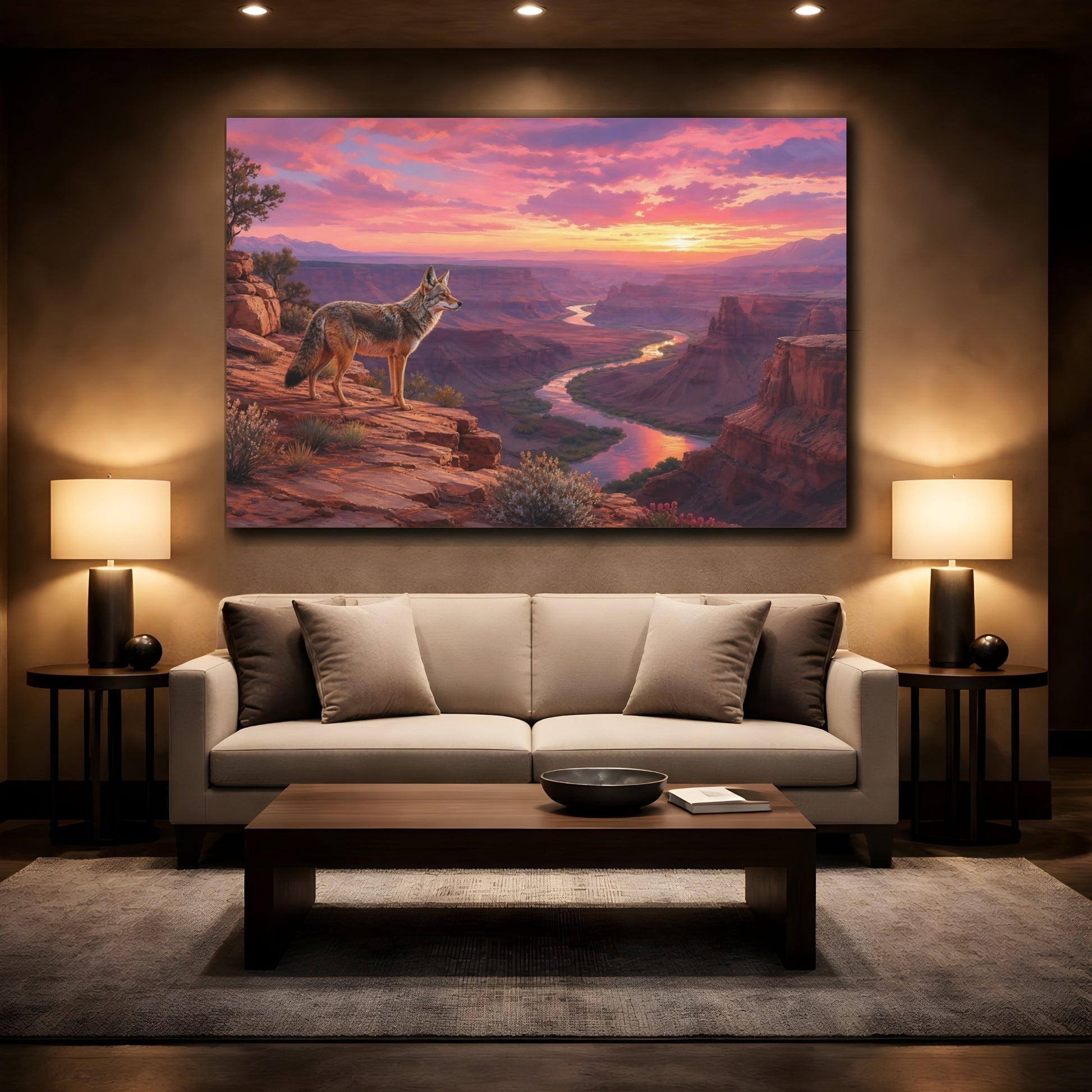 Mockup 2. Nature Coyote Pink Sunset Canyon shown as stretched canvas wall art