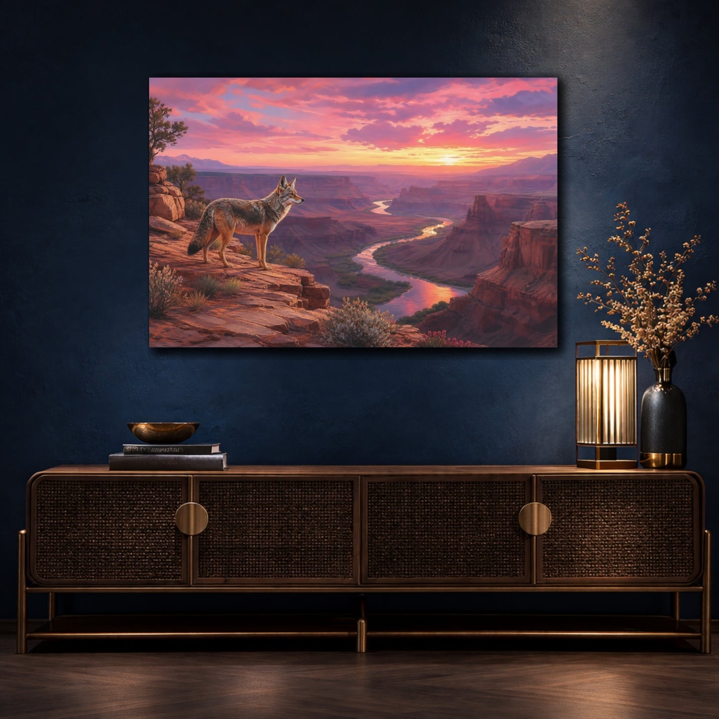Mockup 4. Nature Coyote Pink Sunset Canyon shown as stretched canvas wall art
