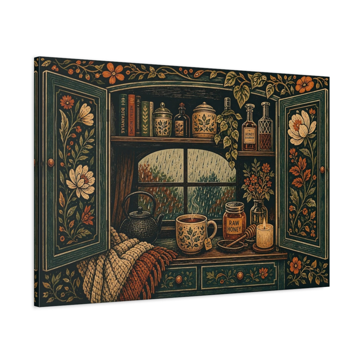 Main Mockup. Nature Cozy Window Cozy Rainy Window shown as stretched canvas wall art