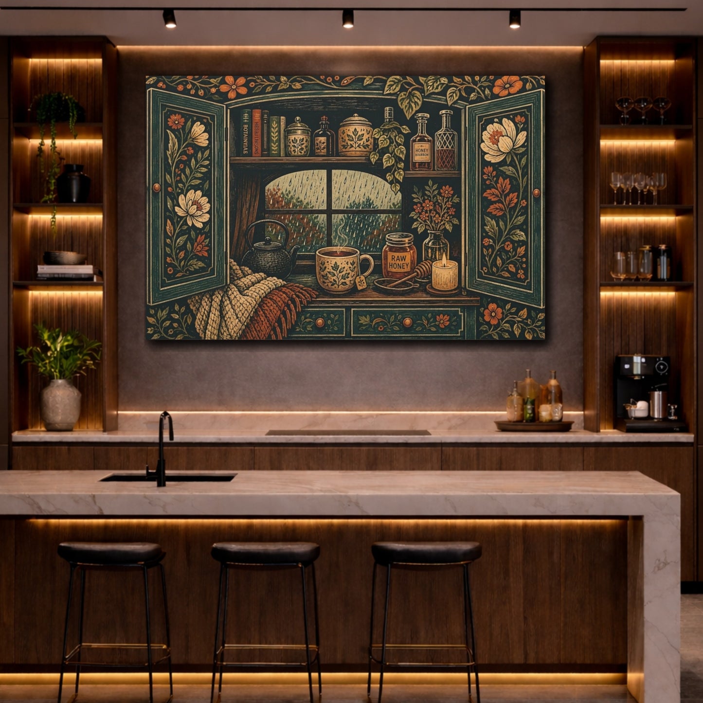 Mockup 2. Nature Cozy Window Cozy Rainy Window shown as stretched canvas wall art