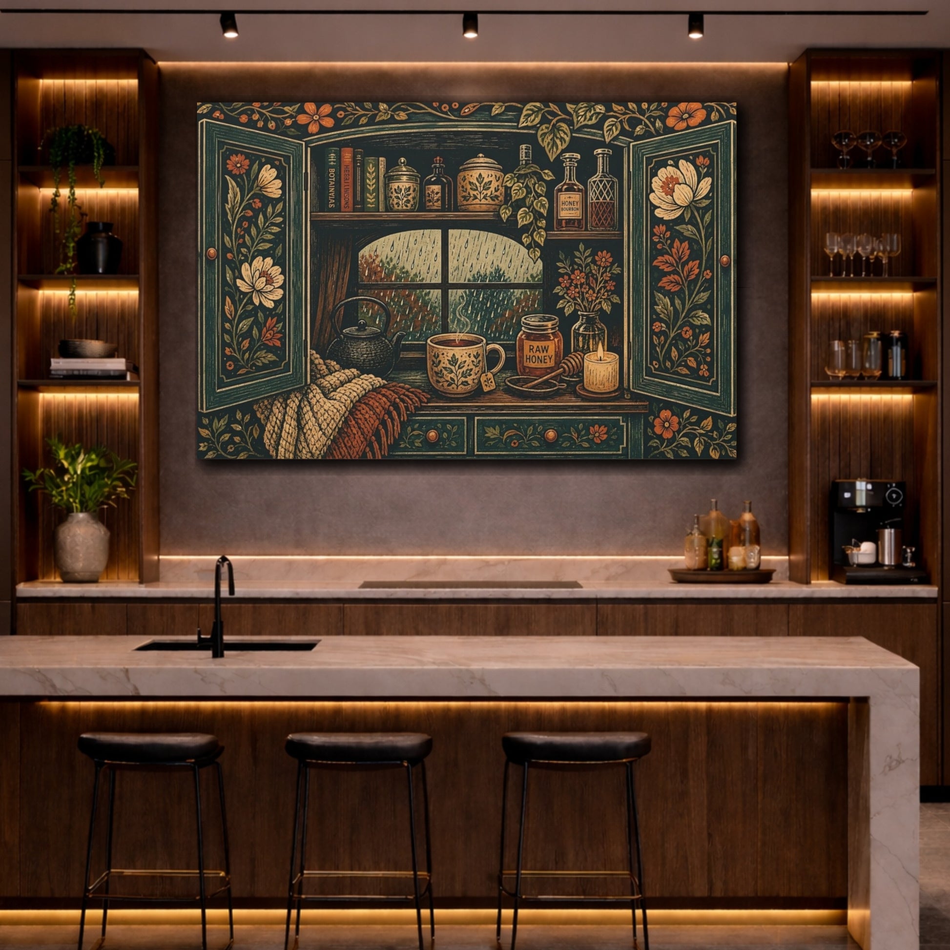 Mockup 2. Nature Cozy Window Cozy Rainy Window shown as stretched canvas wall art