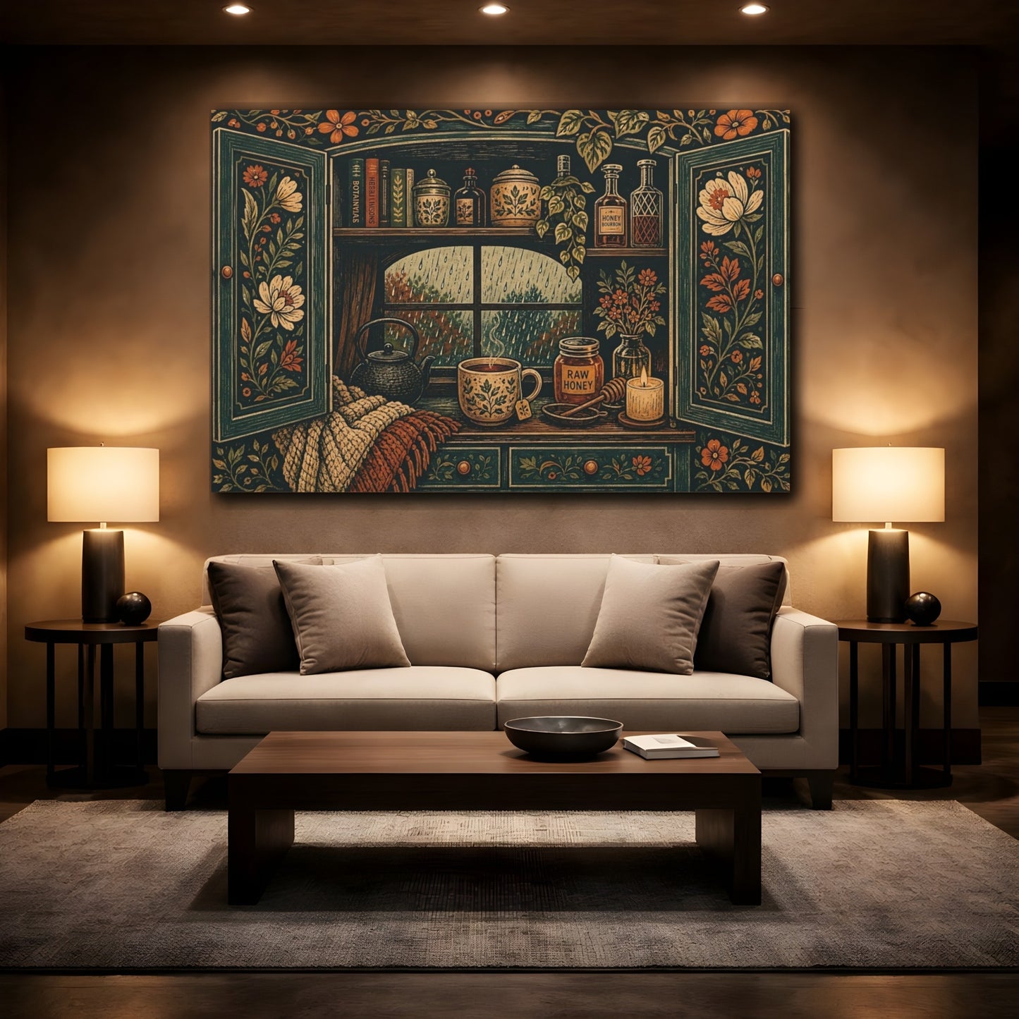Mockup 3. Nature Cozy Window Cozy Rainy Window shown as stretched canvas wall art