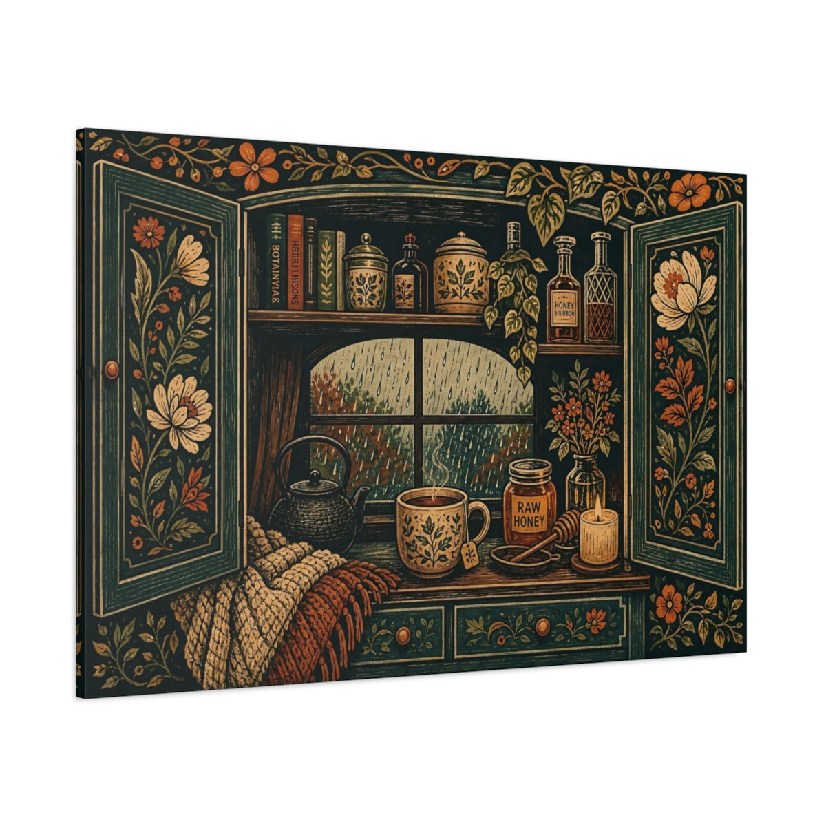 Side Mockup 1. Nature Cozy Window Cozy Rainy Window shown as stretched canvas wall art