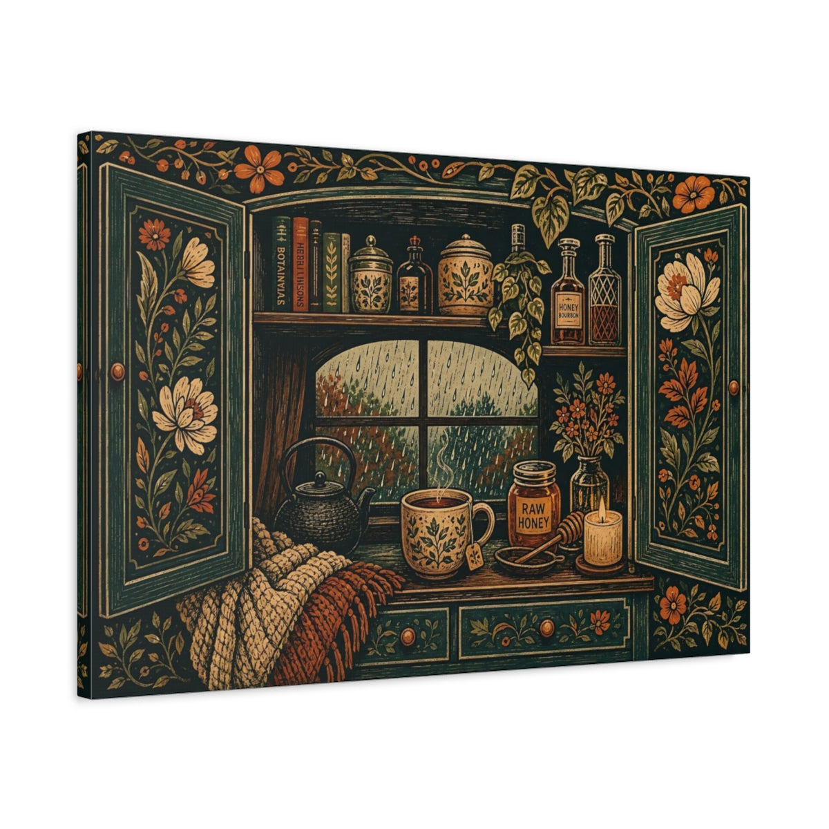 Side Mockup 2. Nature Cozy Window Cozy Rainy Window shown as stretched canvas wall art