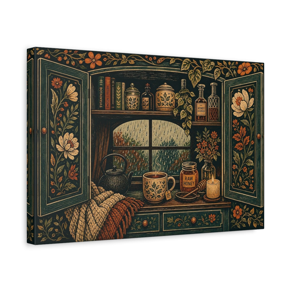 Side Mockup 4. Nature Cozy Window Cozy Rainy Window shown as stretched canvas wall art
