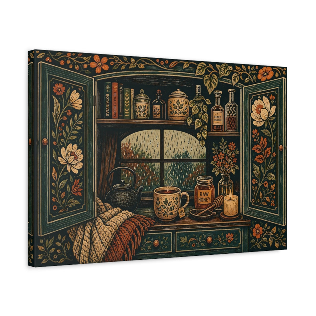 Side Mockup 3. Nature Cozy Window Cozy Rainy Window shown as stretched canvas wall art