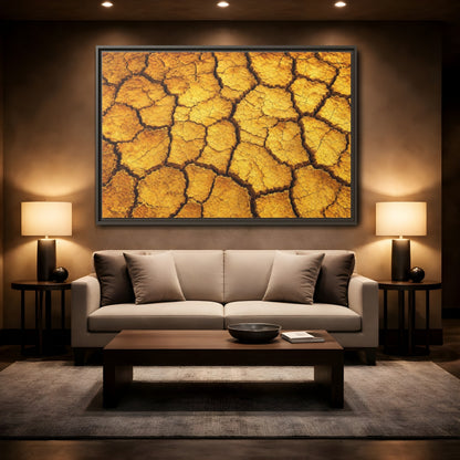 Mockup 2. Nature Cracked Earth Golden Cracked Earth shown as stretched canvas wall art