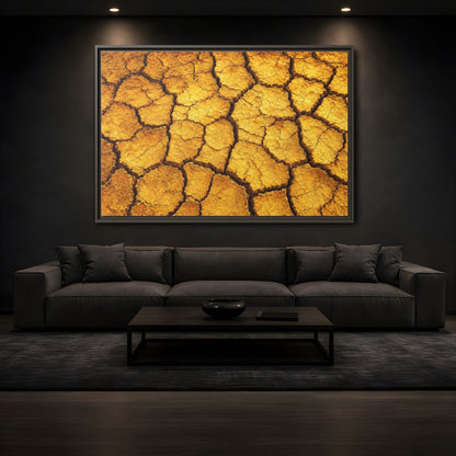 Mockup 3. Nature Cracked Earth Golden Cracked Earth shown as stretched canvas wall art