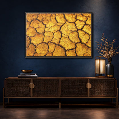 Mockup 4. Nature Cracked Earth Golden Cracked Earth shown as stretched canvas wall art