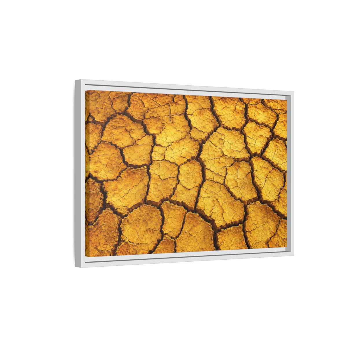 Side Mockup 1. Nature Cracked Earth Golden Cracked Earth shown as stretched canvas wall art