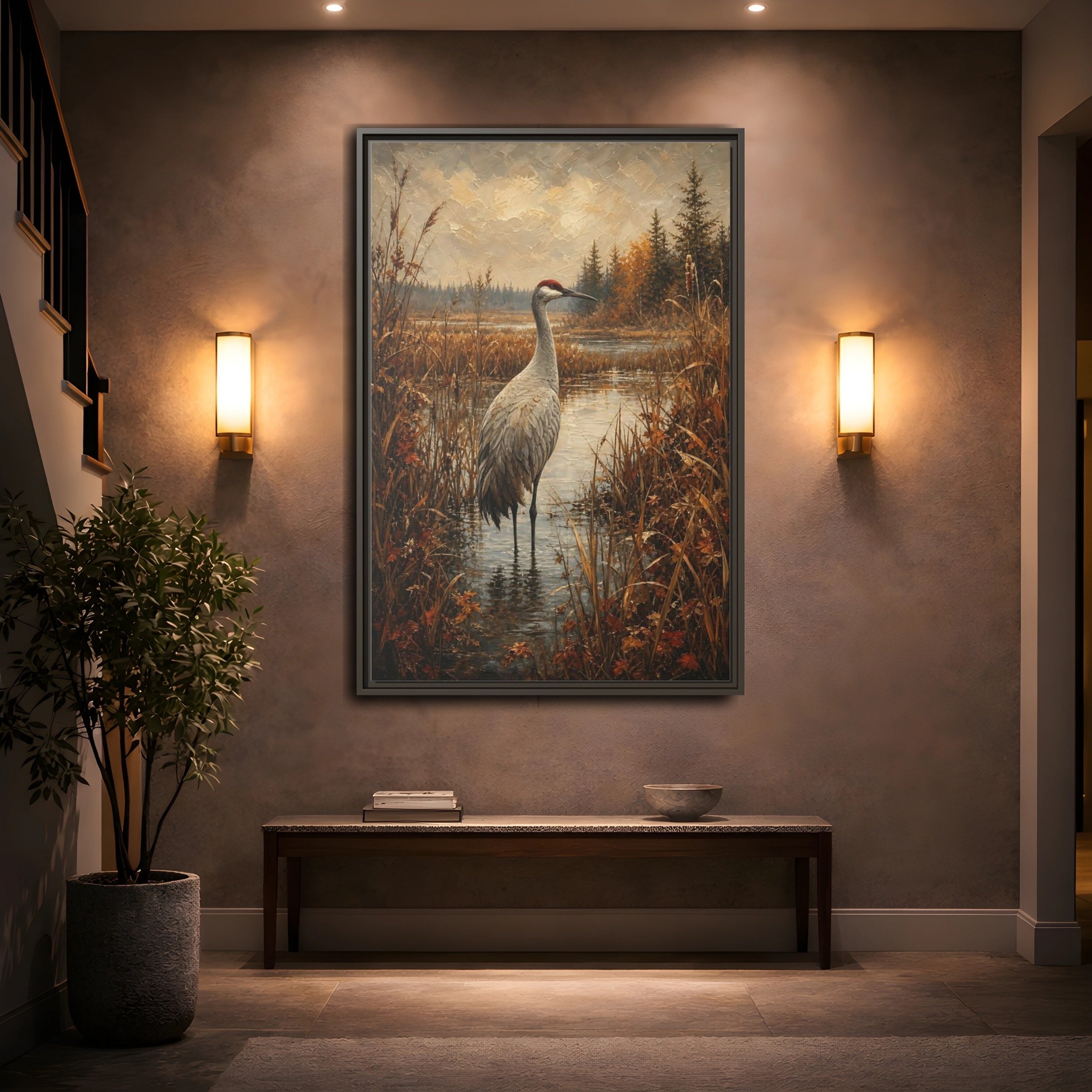 Mockup 2. Nature Crane Autumn Marshland Crane shown as stretched canvas wall art