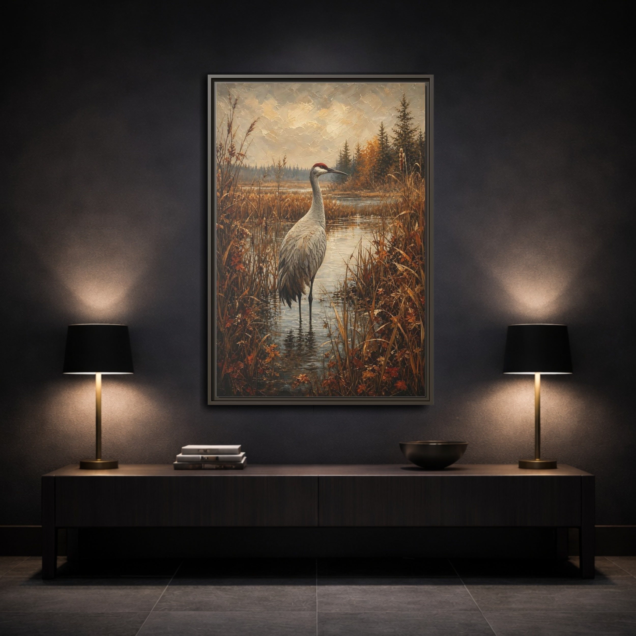 Mockup 3. Nature Crane Autumn Marshland Crane shown as stretched canvas wall art