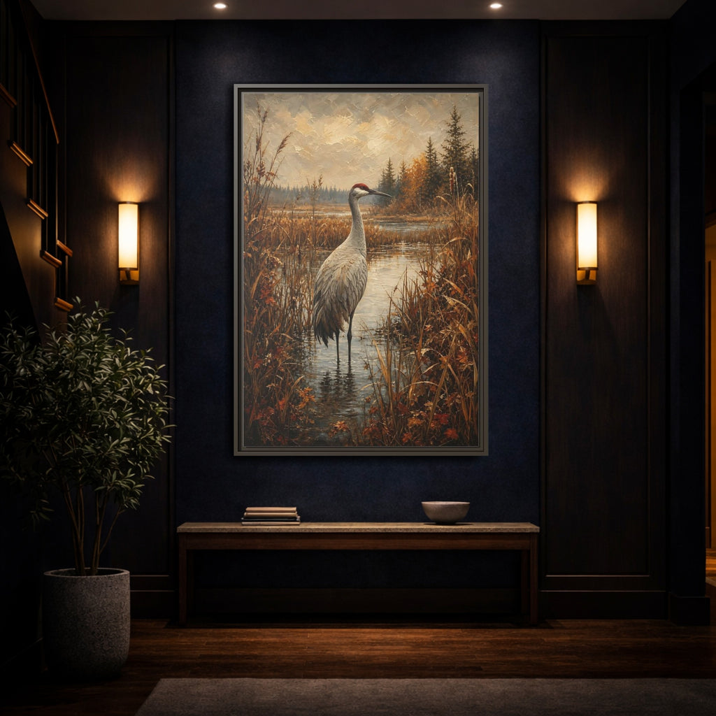 Mockup 4. Nature Crane Autumn Marshland Crane shown as stretched canvas wall art