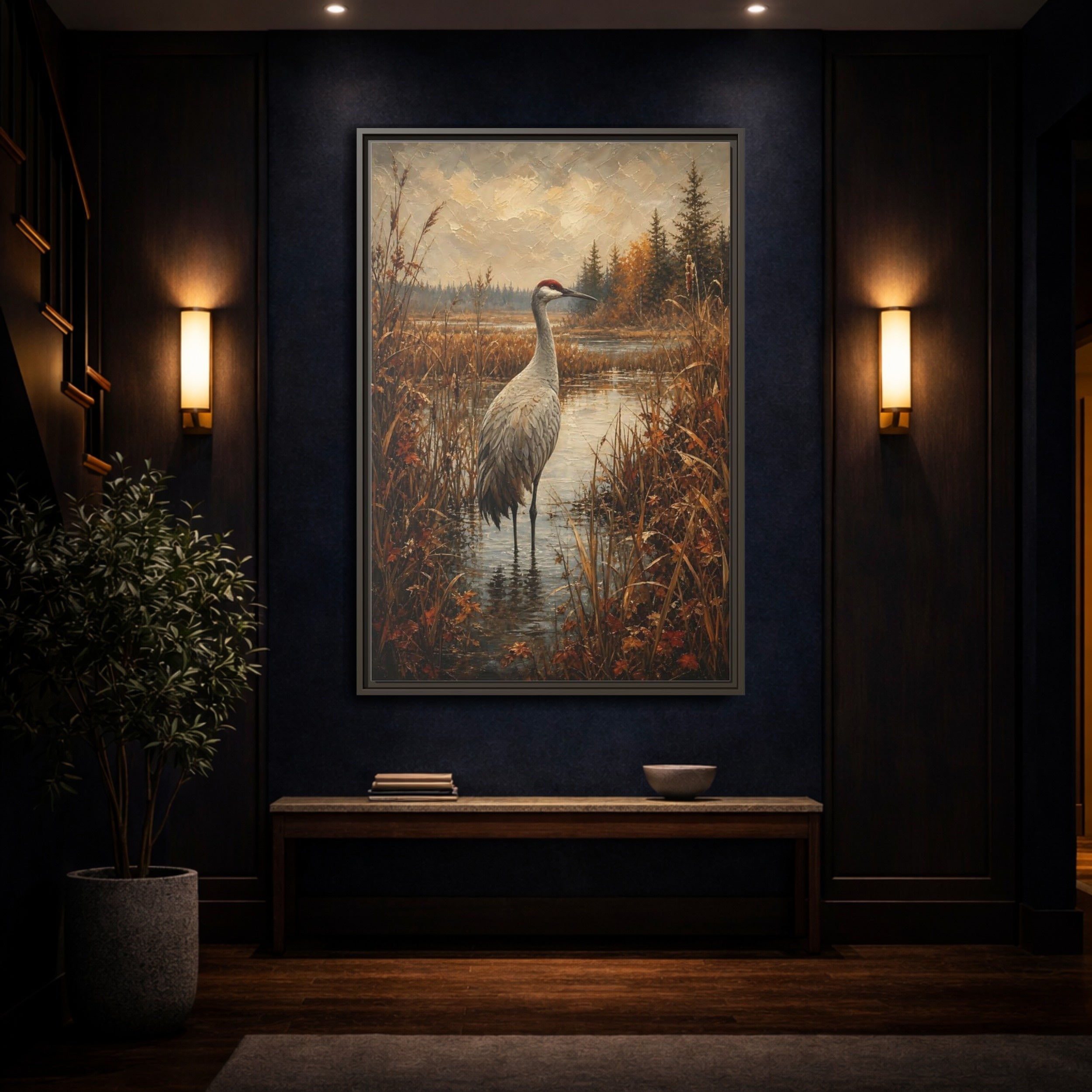 Mockup 4. Nature Crane Autumn Marshland Crane shown as stretched canvas wall art