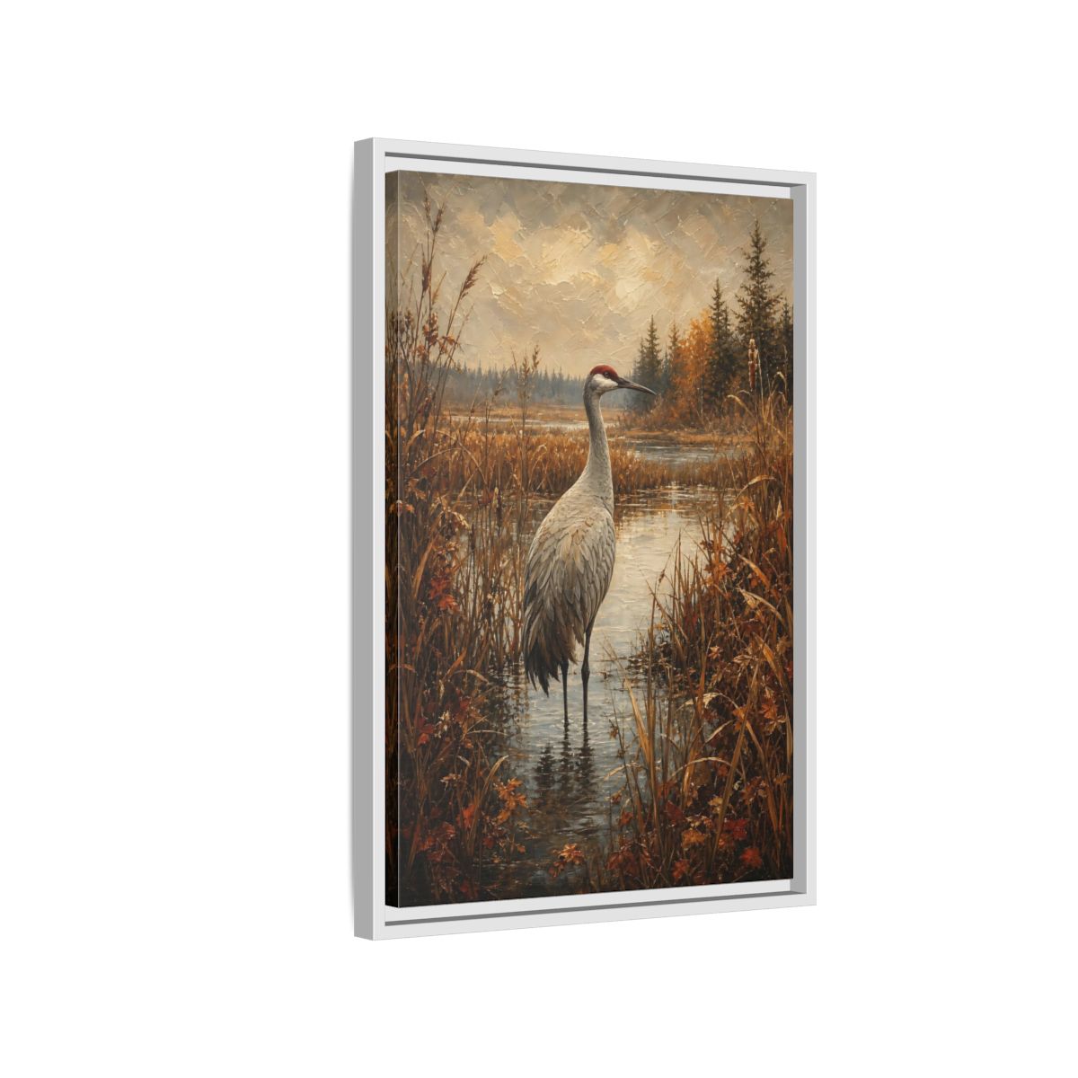Side Mockup 1. Nature Crane Autumn Marshland Crane shown as stretched canvas wall art