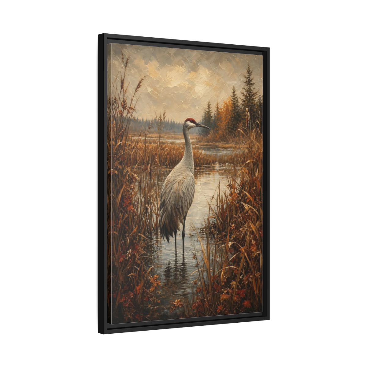 Side Mockup 14. Nature Crane Autumn Marshland Crane shown as stretched canvas wall art