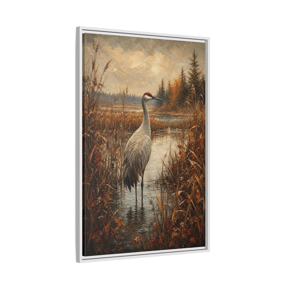 Side Mockup 9. Nature Crane Autumn Marshland Crane shown as stretched canvas wall art
