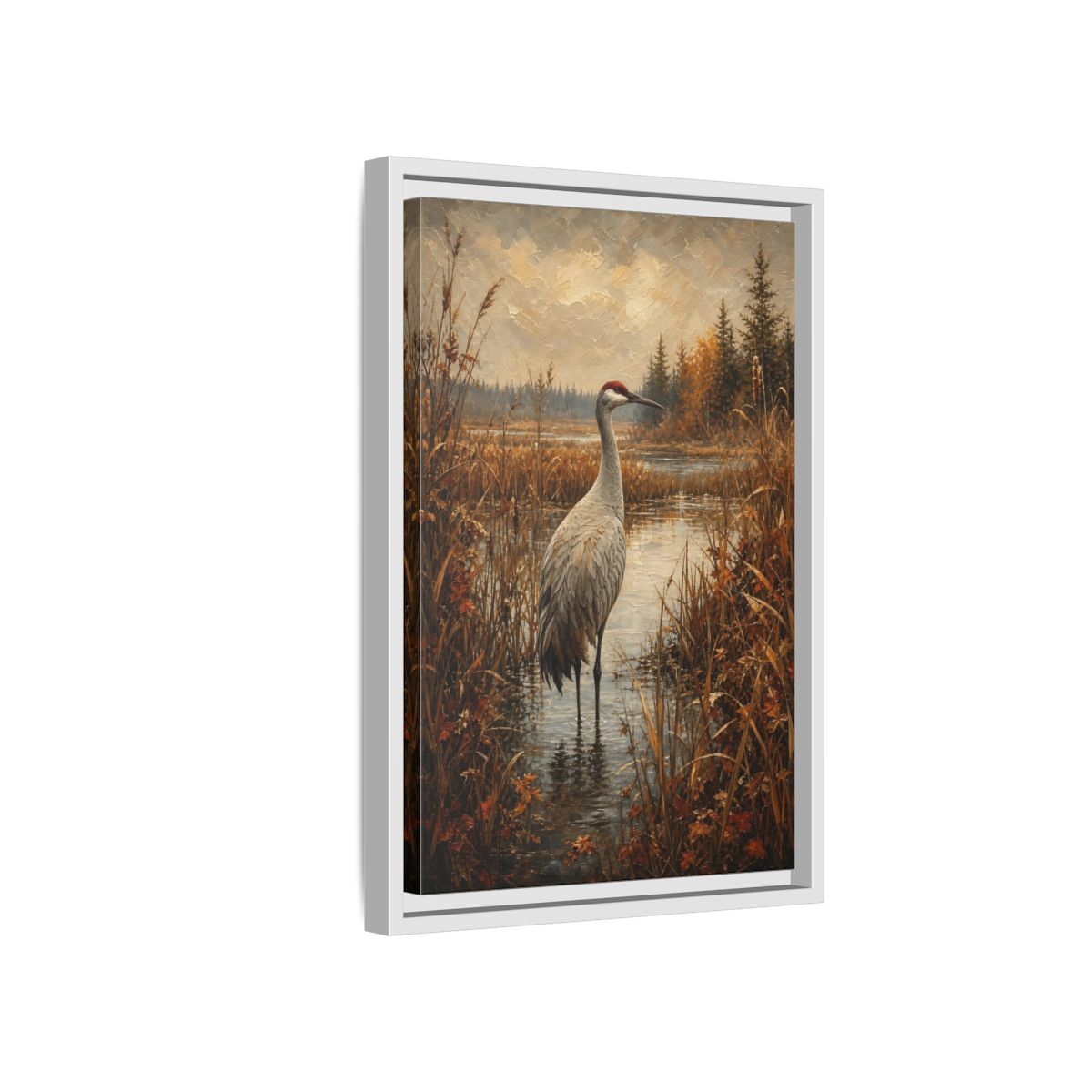 Side Mockup 4. Nature Crane Autumn Marshland Crane shown as stretched canvas wall art