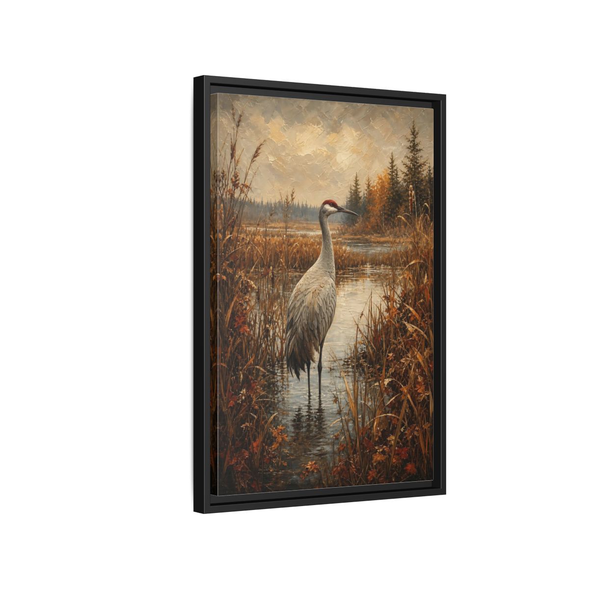 Side Mockup 3. Nature Crane Autumn Marshland Crane shown as stretched canvas wall art