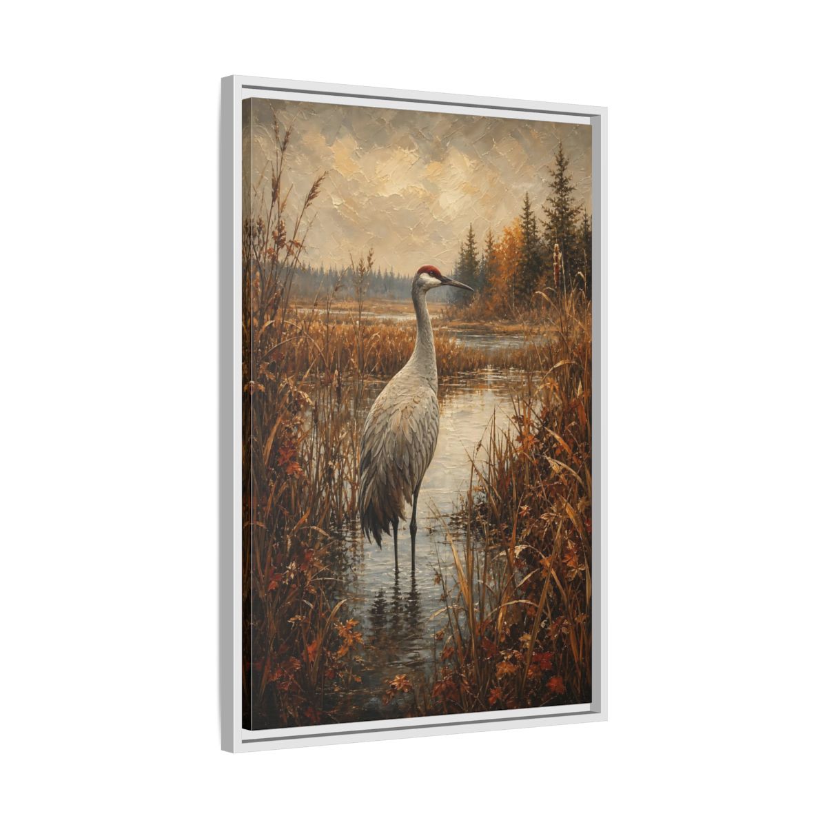 Side Mockup 10. Nature Crane Autumn Marshland Crane shown as stretched canvas wall art