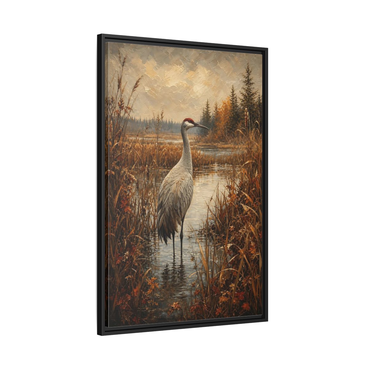 Side Mockup 13. Nature Crane Autumn Marshland Crane shown as stretched canvas wall art