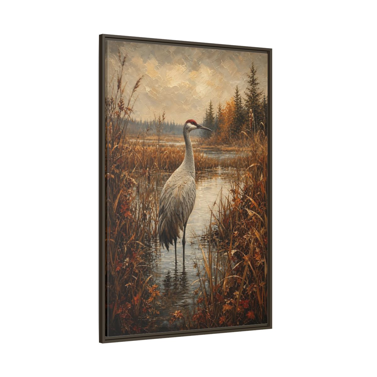 Side Mockup 8. Nature Crane Autumn Marshland Crane shown as stretched canvas wall art