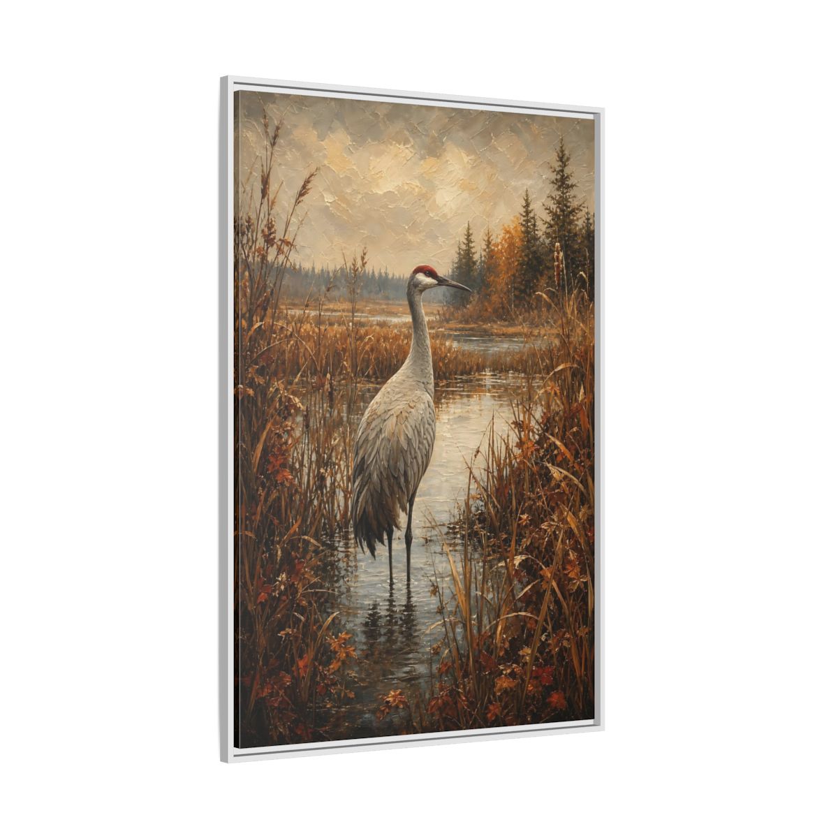 Side Mockup 7. Nature Crane Autumn Marshland Crane shown as stretched canvas wall art