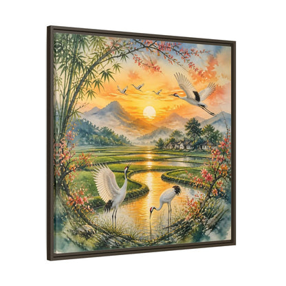 Main Mockup. Nature Cranes Asian Cranes Sunset shown as stretched canvas wall art