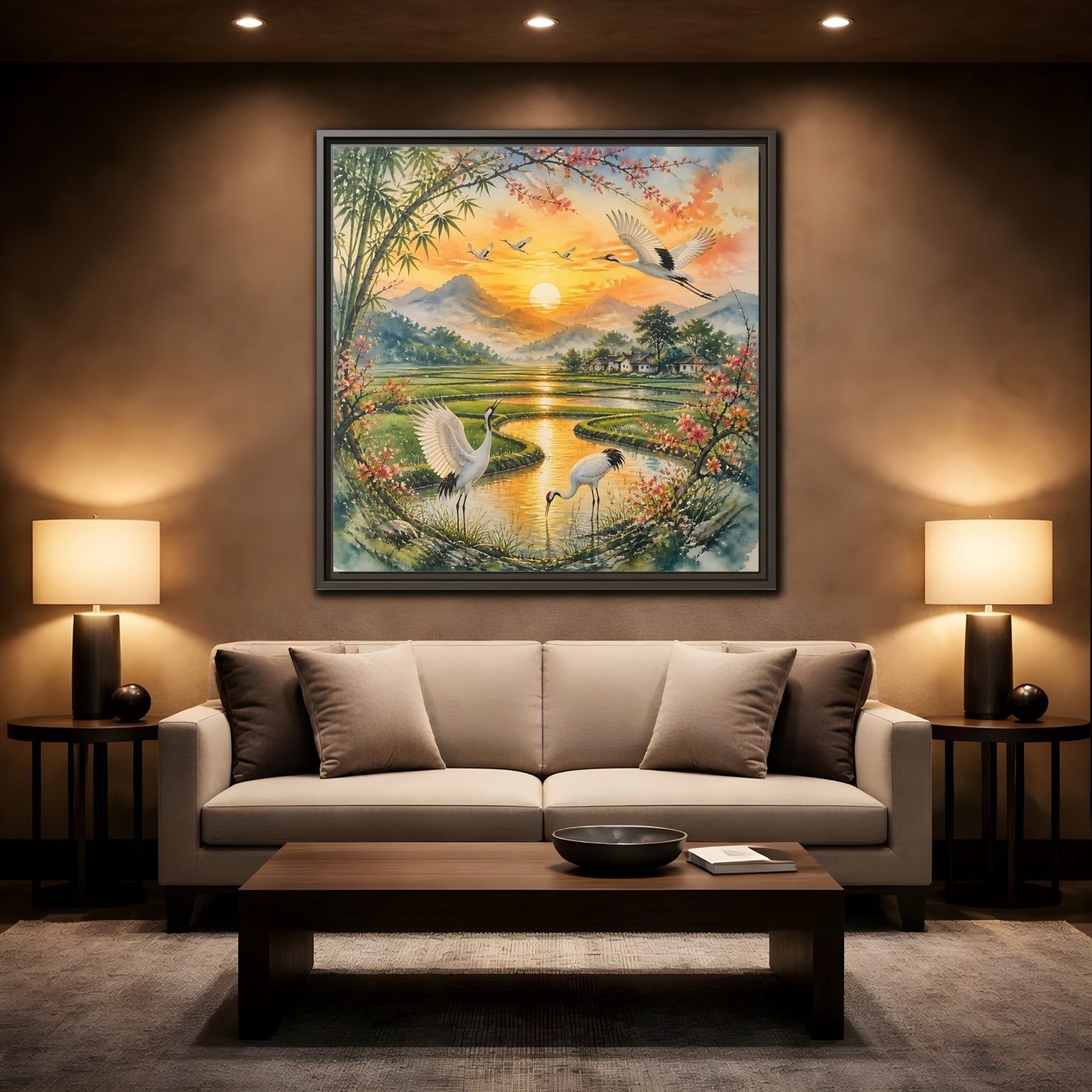 Mockup 2. Nature Cranes Asian Cranes Sunset shown as stretched canvas wall art
