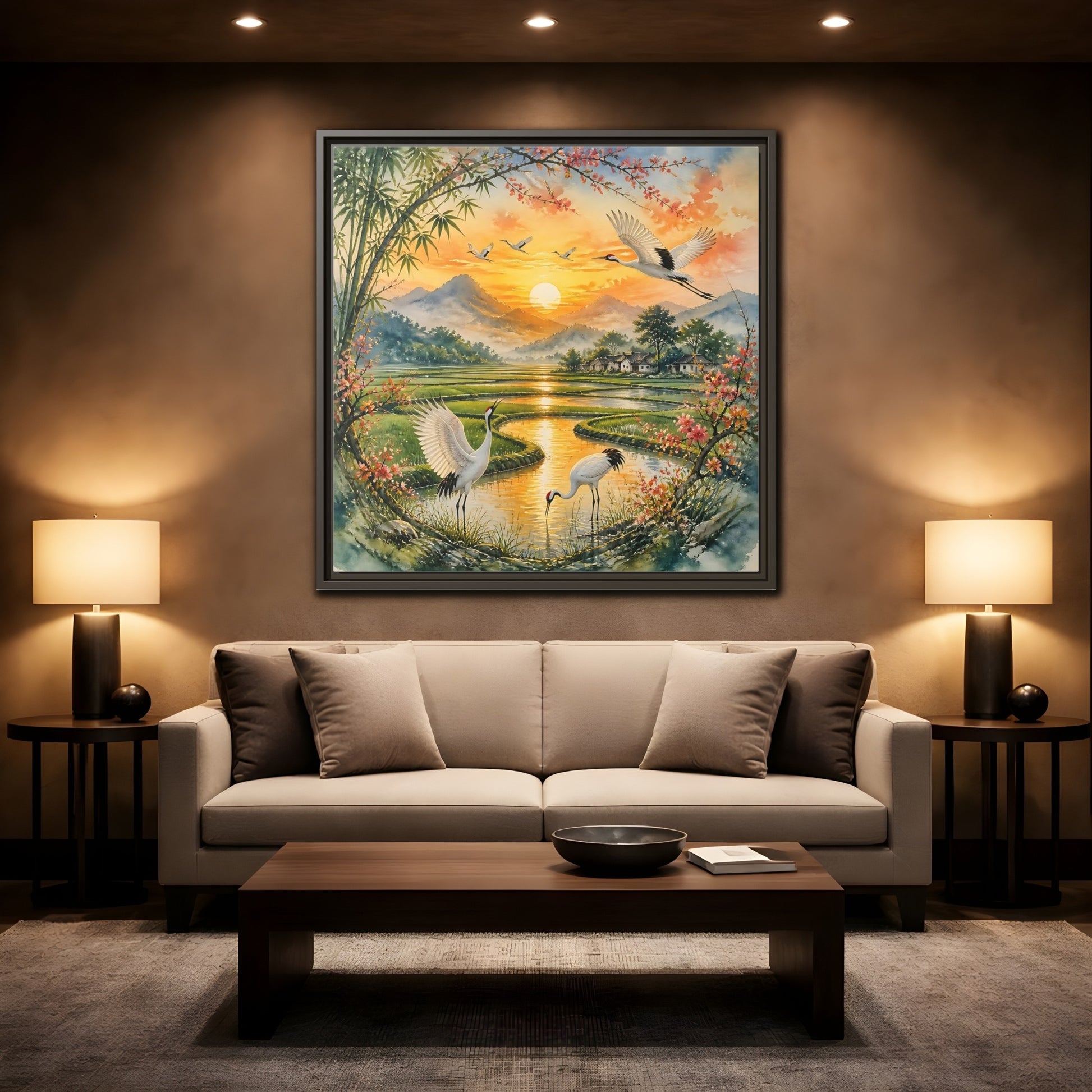 Mockup 2. Nature Cranes Asian Cranes Sunset shown as stretched canvas wall art