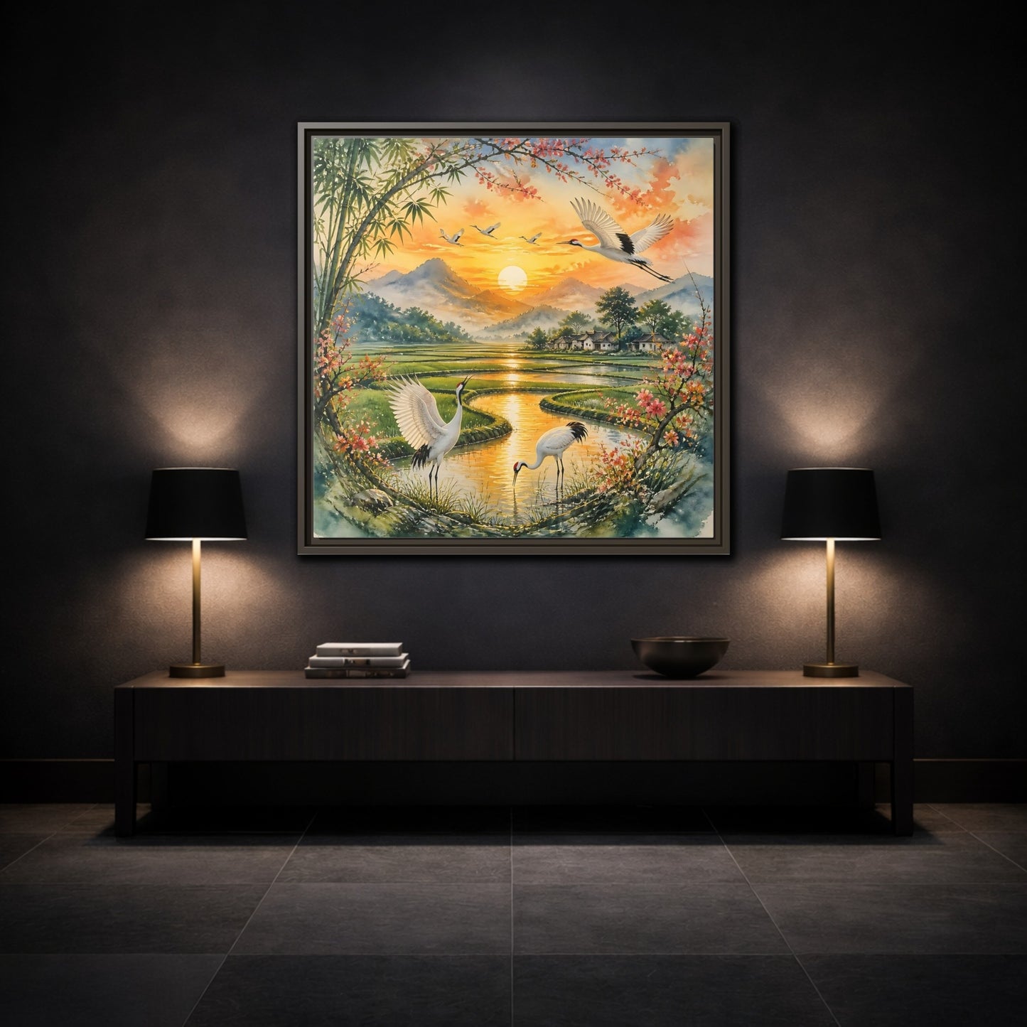 Mockup 3. Nature Cranes Asian Cranes Sunset shown as stretched canvas wall art