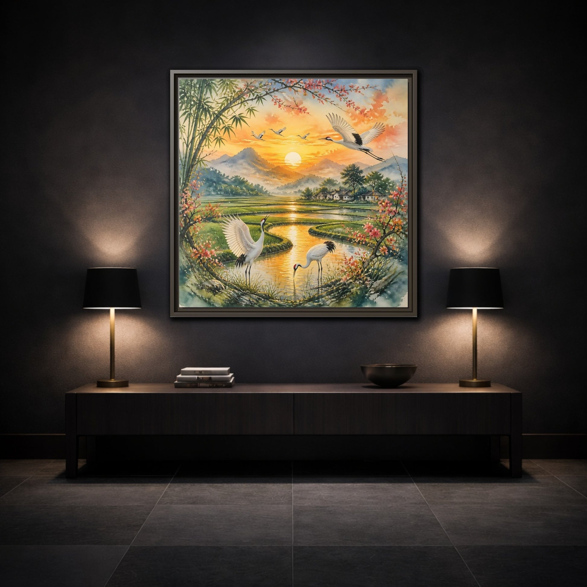 Mockup 3. Nature Cranes Asian Cranes Sunset shown as stretched canvas wall art