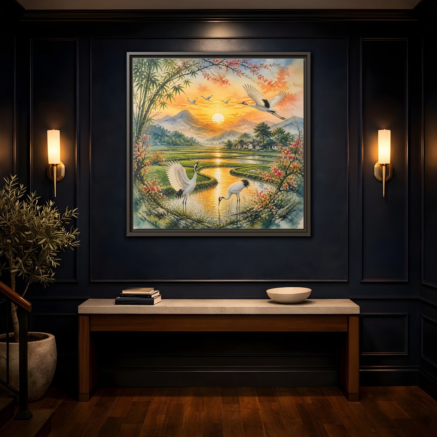 Mockup 4. Nature Cranes Asian Cranes Sunset shown as stretched canvas wall art