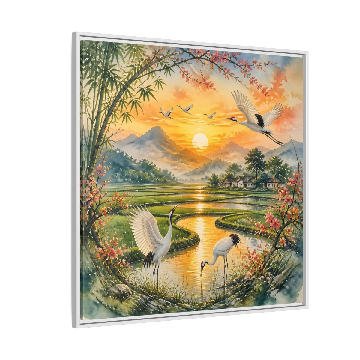 Side Mockup 4. Nature Cranes Asian Cranes Sunset shown as stretched canvas wall art