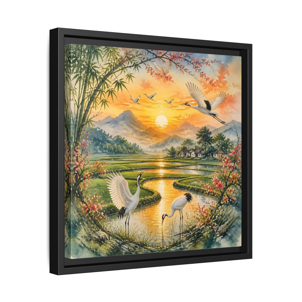 Side Mockup 32. Nature Cranes Asian Cranes Sunset shown as stretched canvas wall art