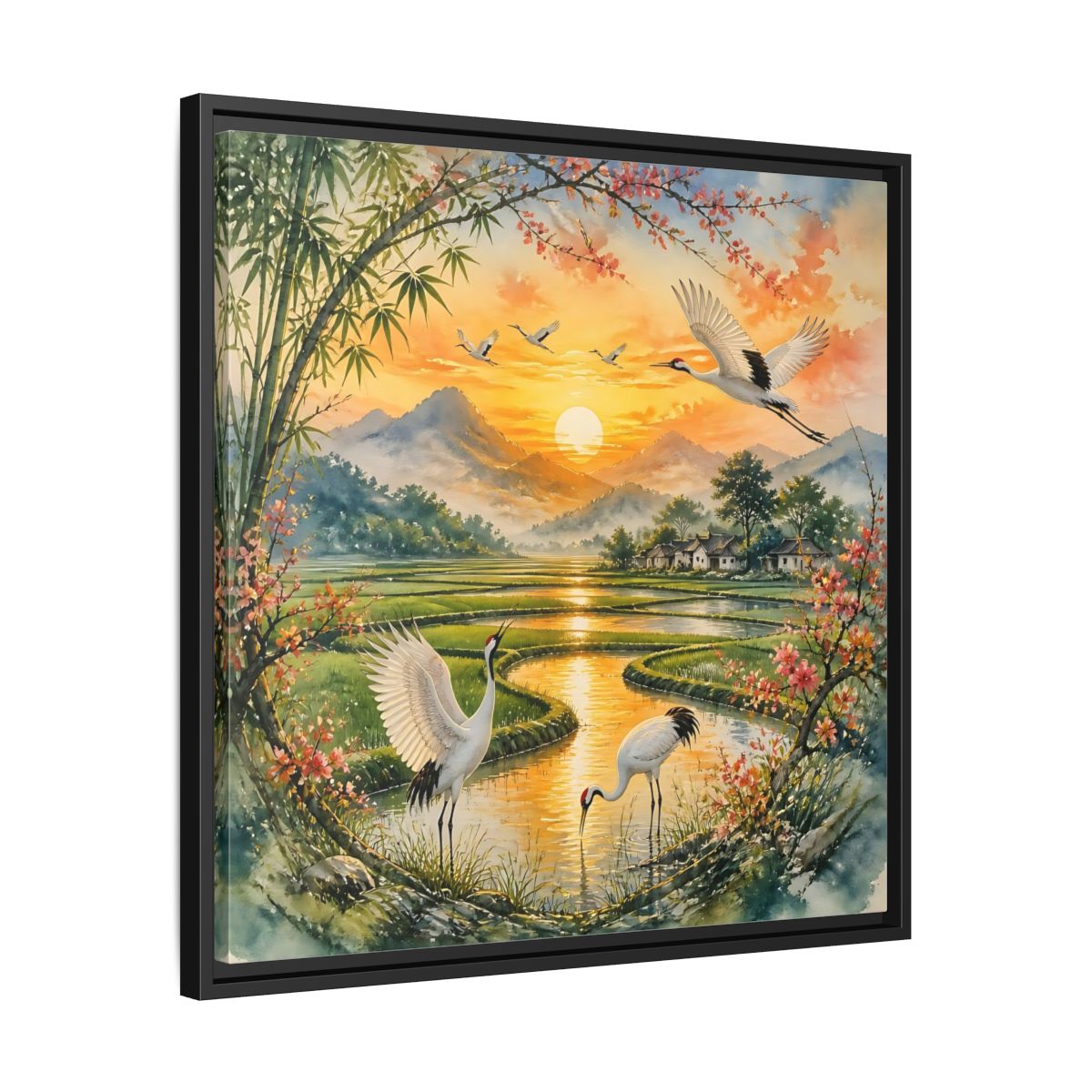 Side Mockup 31. Nature Cranes Asian Cranes Sunset shown as stretched canvas wall art