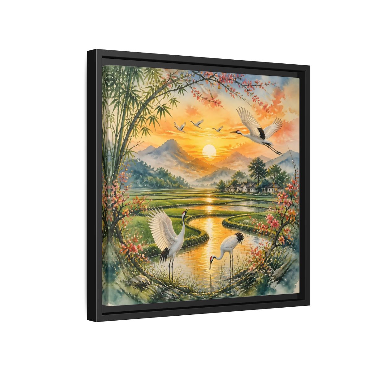 Side Mockup 15. Nature Cranes Asian Cranes Sunset shown as stretched canvas wall art