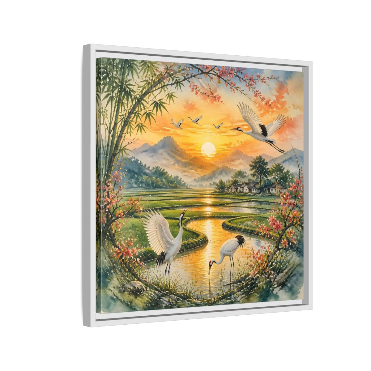 Side Mockup 10. Nature Cranes Asian Cranes Sunset shown as stretched canvas wall art