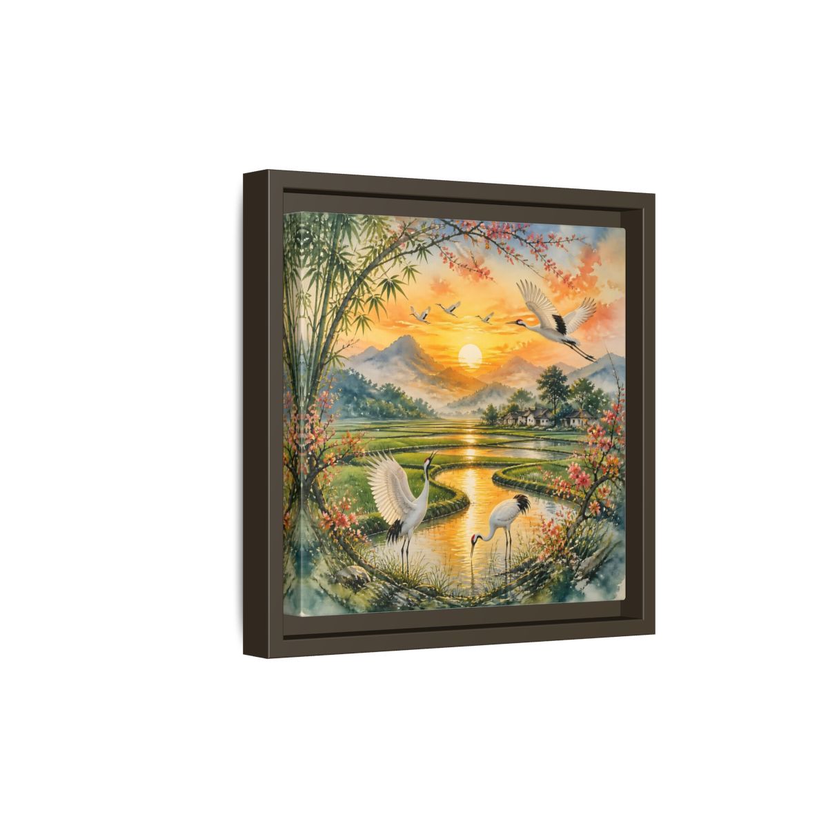 Side Mockup 20. Nature Cranes Asian Cranes Sunset shown as stretched canvas wall art