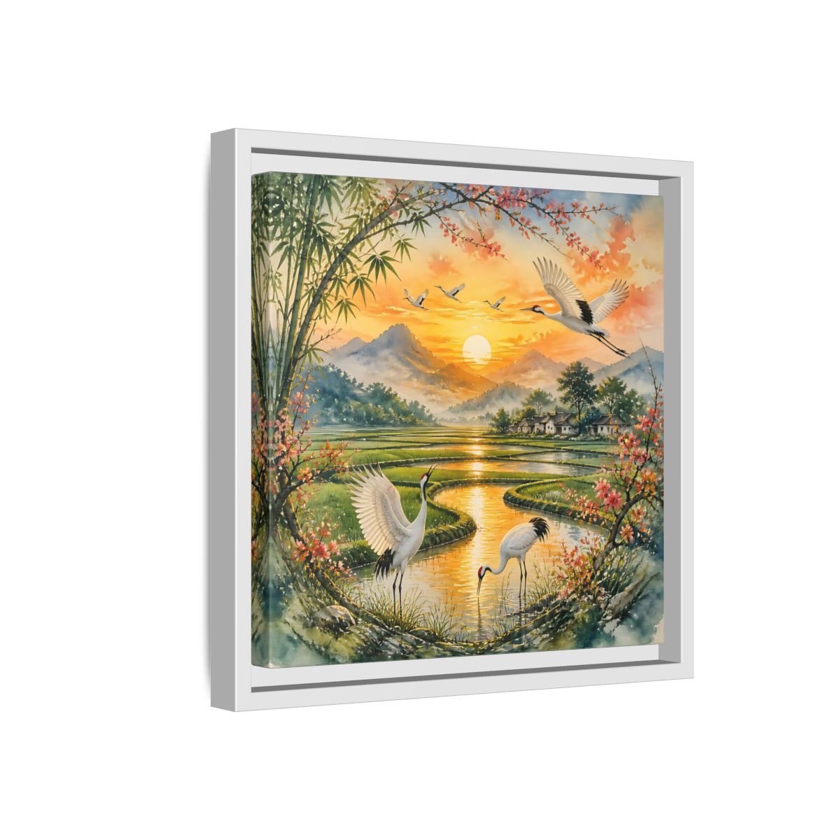 Side Mockup 16. Nature Cranes Asian Cranes Sunset shown as stretched canvas wall art