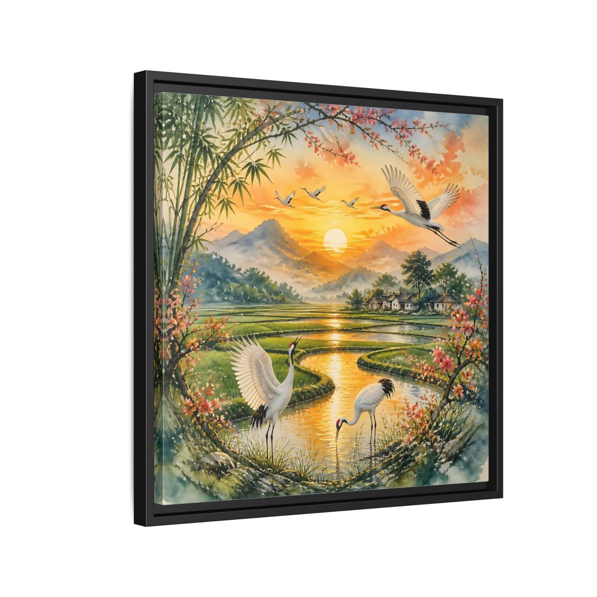 Side Mockup 12. Nature Cranes Asian Cranes Sunset shown as stretched canvas wall art