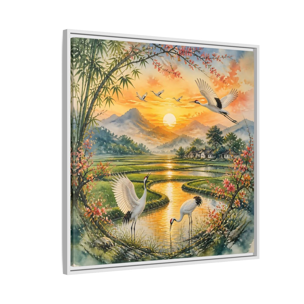 Side Mockup 7. Nature Cranes Asian Cranes Sunset shown as stretched canvas wall art