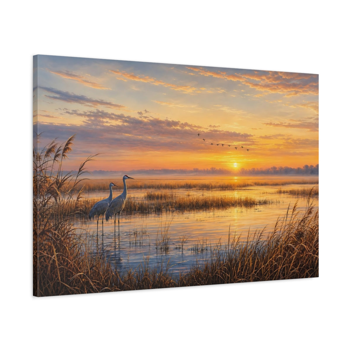 Main Mockup. Nature Cranes Golden Sunset Cranes shown as stretched canvas wall art