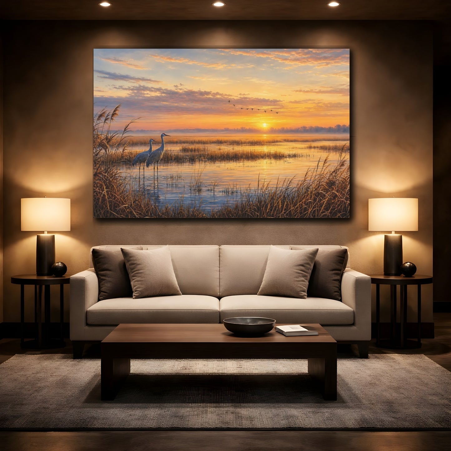 Mockup 2. Nature Cranes Golden Sunset Cranes shown as stretched canvas wall art
