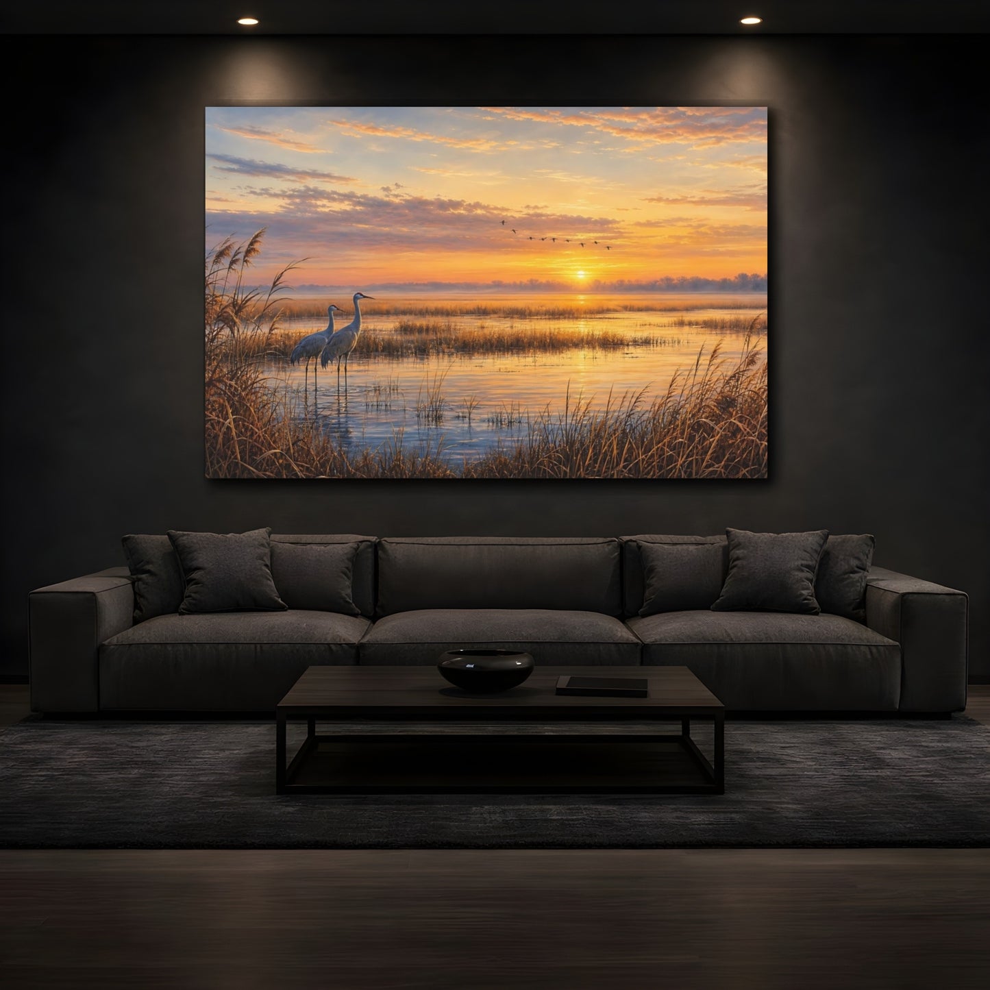 Mockup 3. Nature Cranes Golden Sunset Cranes shown as stretched canvas wall art