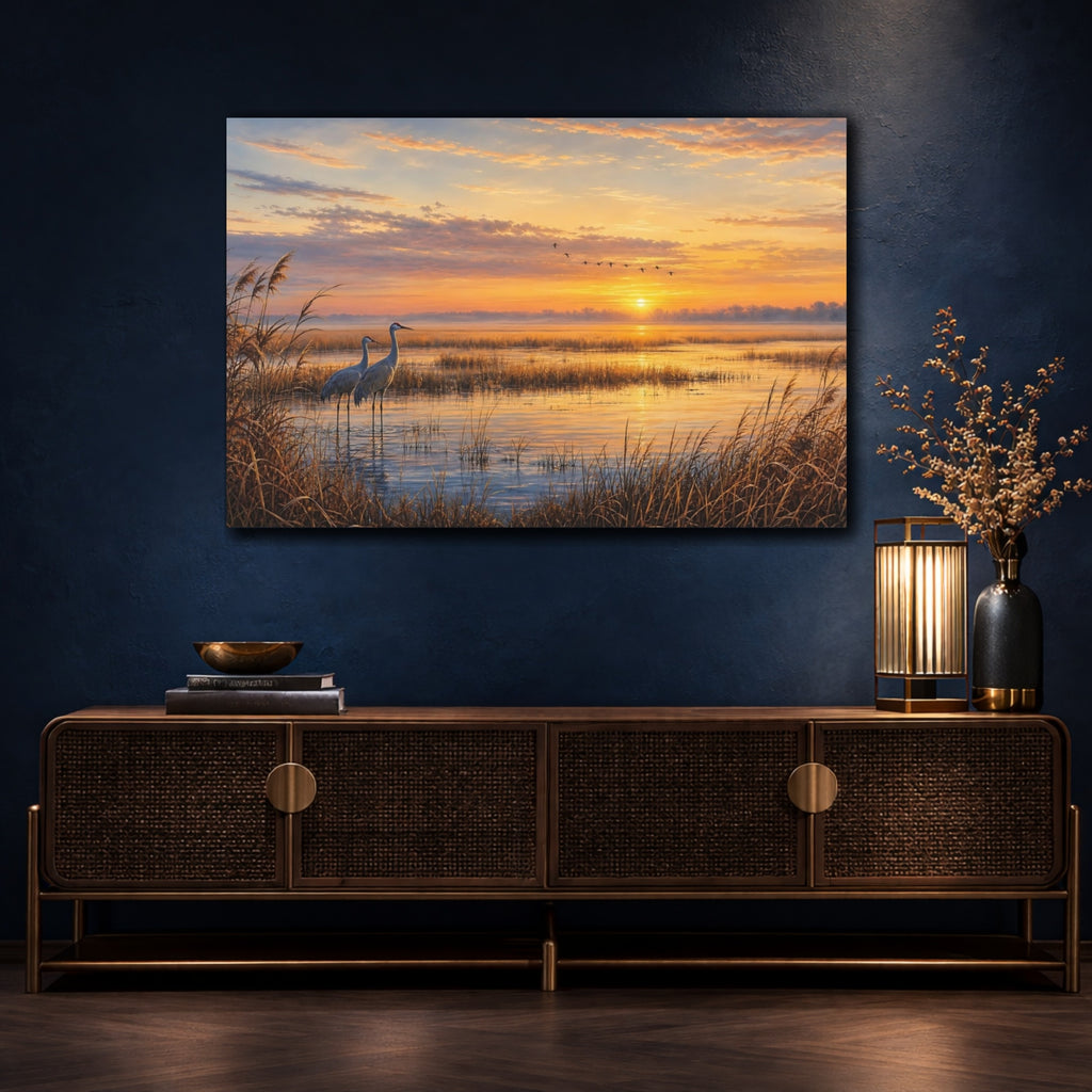 Mockup 4. Nature Cranes Golden Sunset Cranes shown as stretched canvas wall art