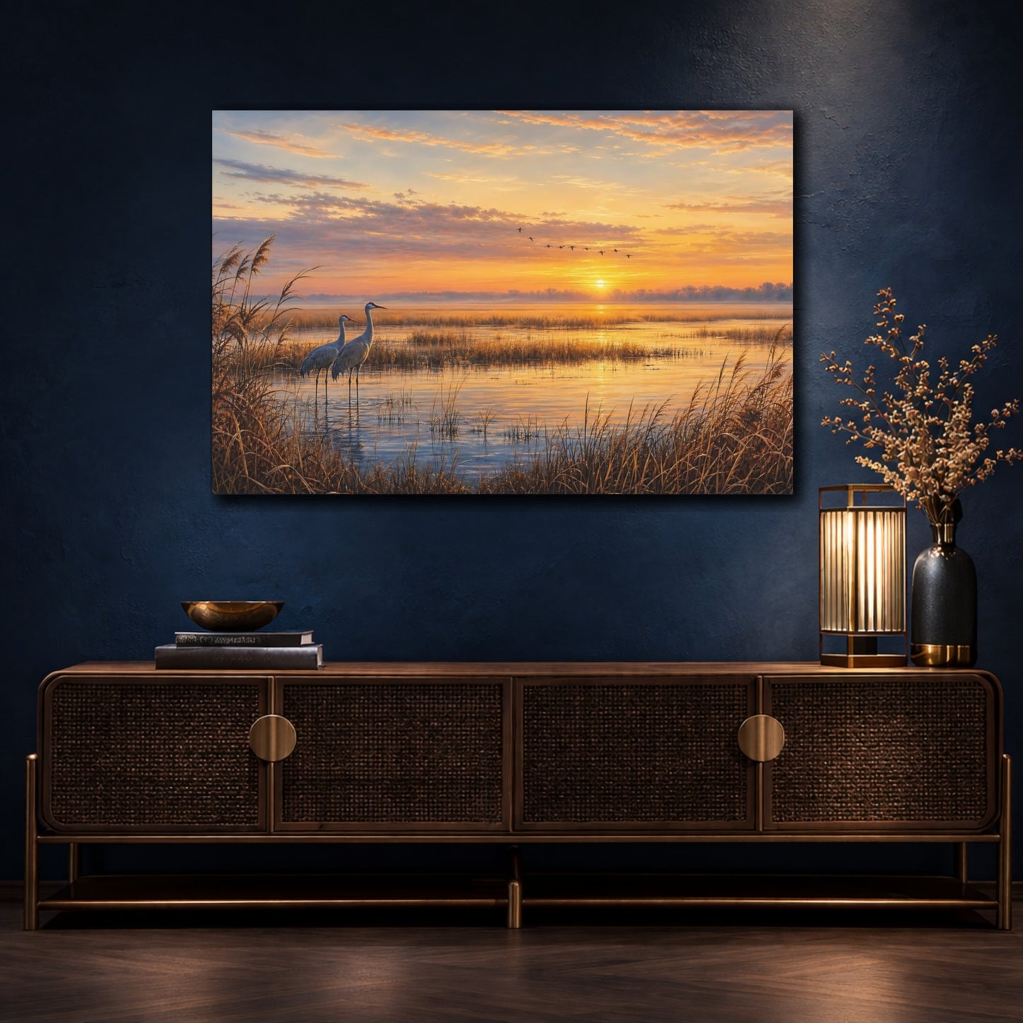 Mockup 4. Nature Cranes Golden Sunset Cranes shown as stretched canvas wall art